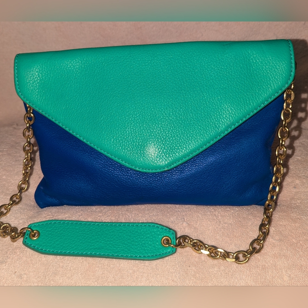 J. Crew Green and Blue Shoulder Bag with Gold Chain